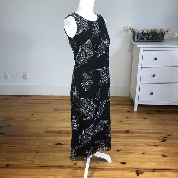 Vintage 90s Black Chiffon Floral Print Sheath Slip Dress 4 Petite Sleeveless - Picture 3 of 12